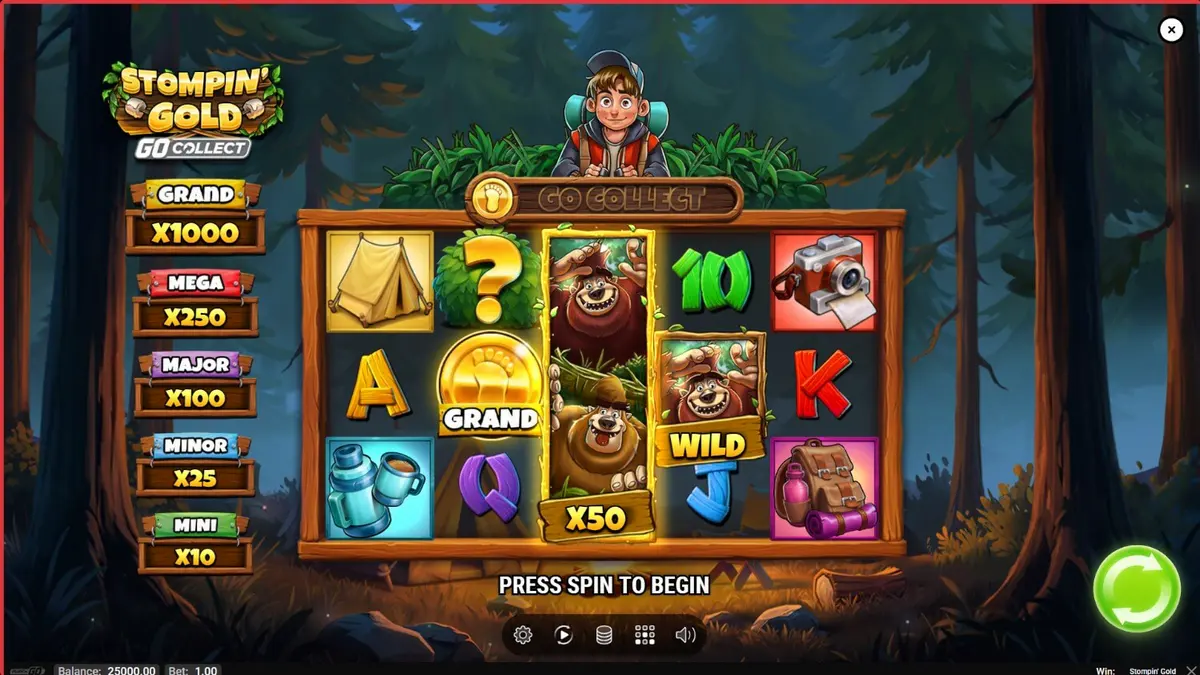 Pemandangan hutan mistis dengan karakter yeti dalam slot Stompin’ Gold GO Collect