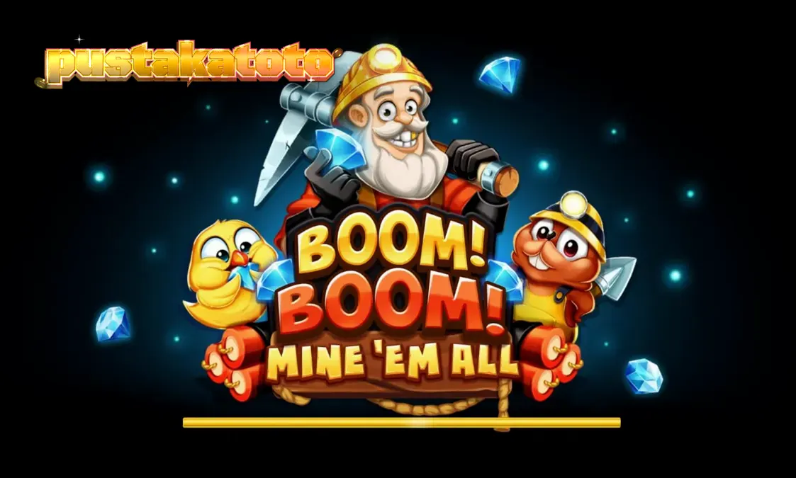 Tampilan visual mesin slot Boom! Boom! Mine ‘Em All dengan tema pertambangan yang eksplosif